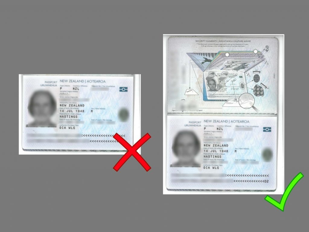 Example passport upload: open passport photo page accepted, cropped single-side image not accepted.